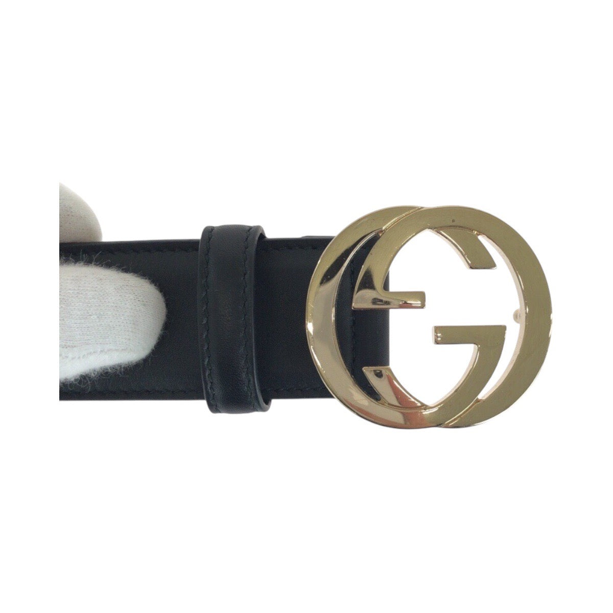 Gucci Belt 370543 Leather Black Belts Unisex Interlocking Mens 30