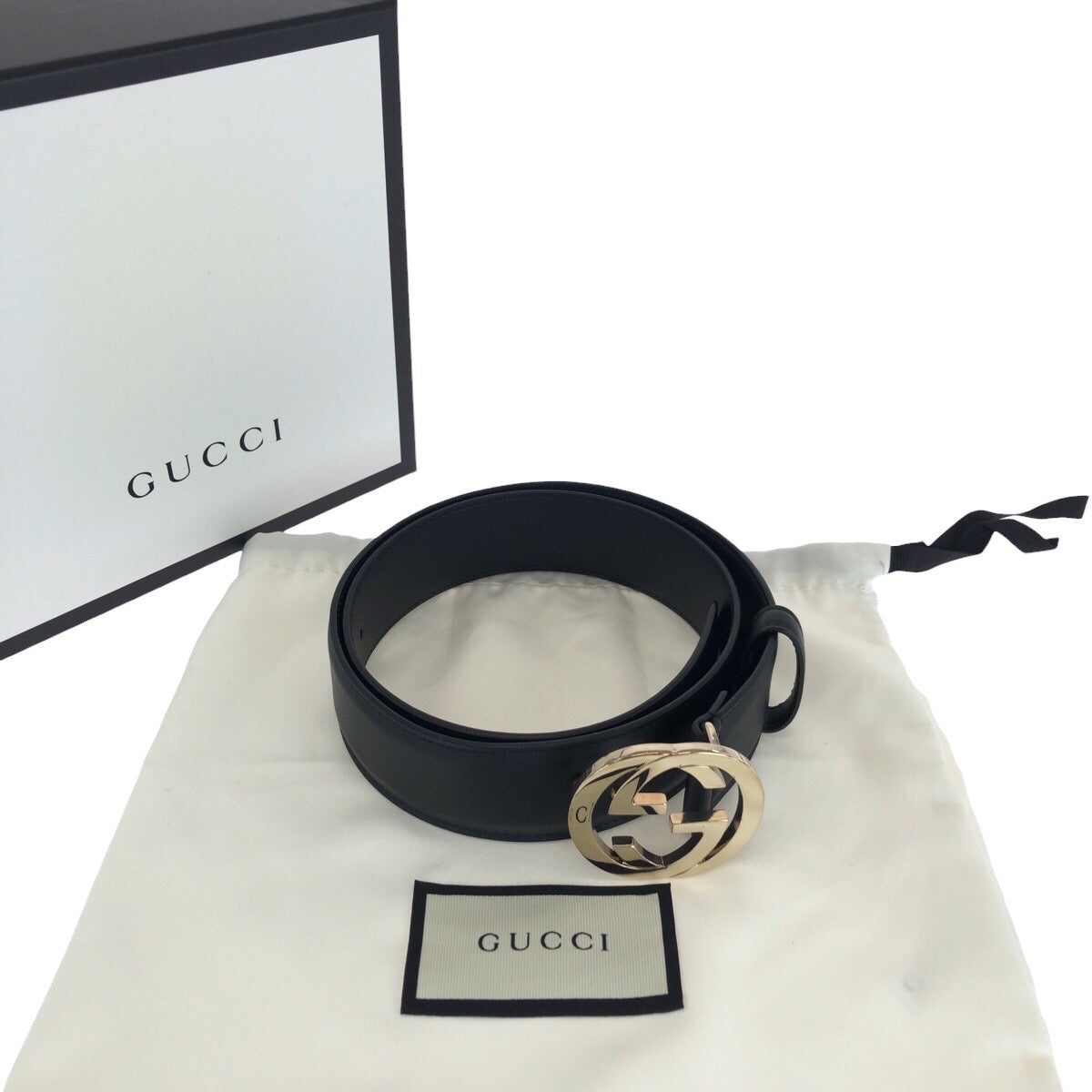 Gucci Belt 370543 Leather Black Belts Unisex Interlocking Mens 30