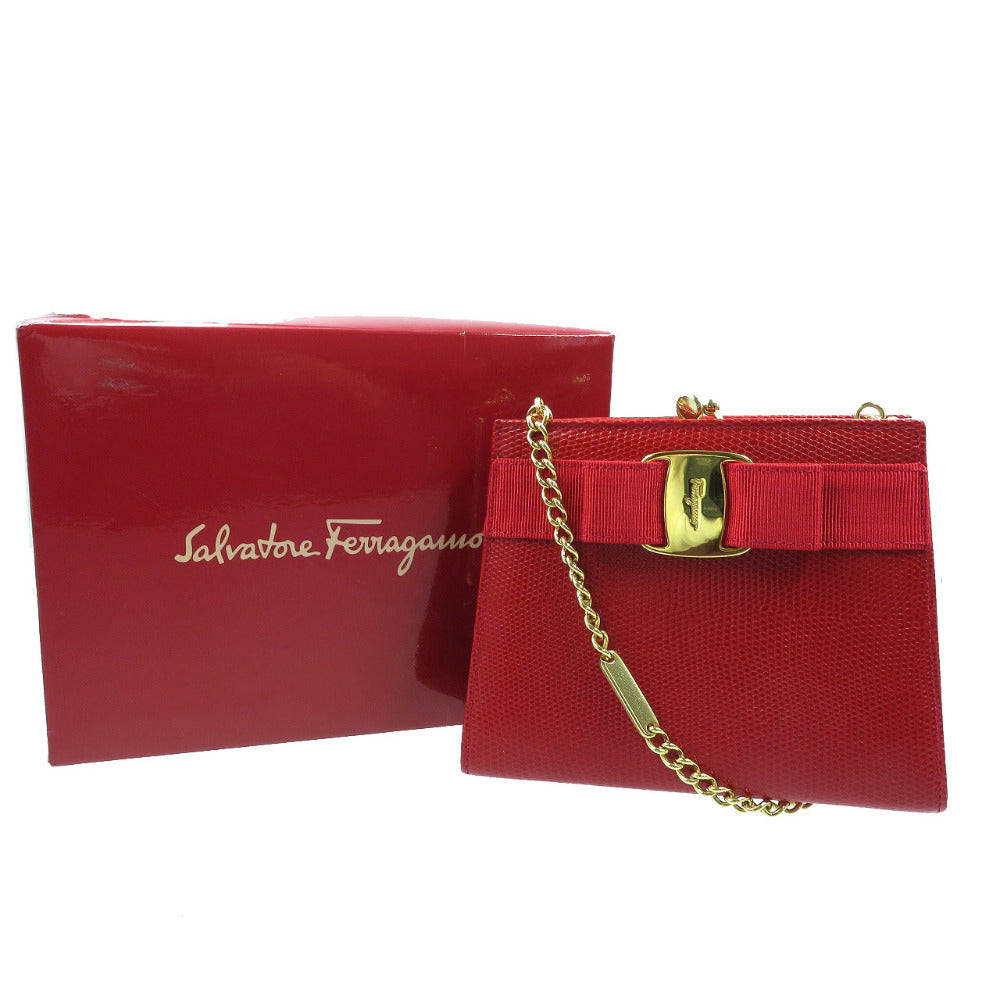 Salvatore Ferragamo Shoulder Bag 223354 Embossed Leather Red Vara Ribbon Women Secondhand