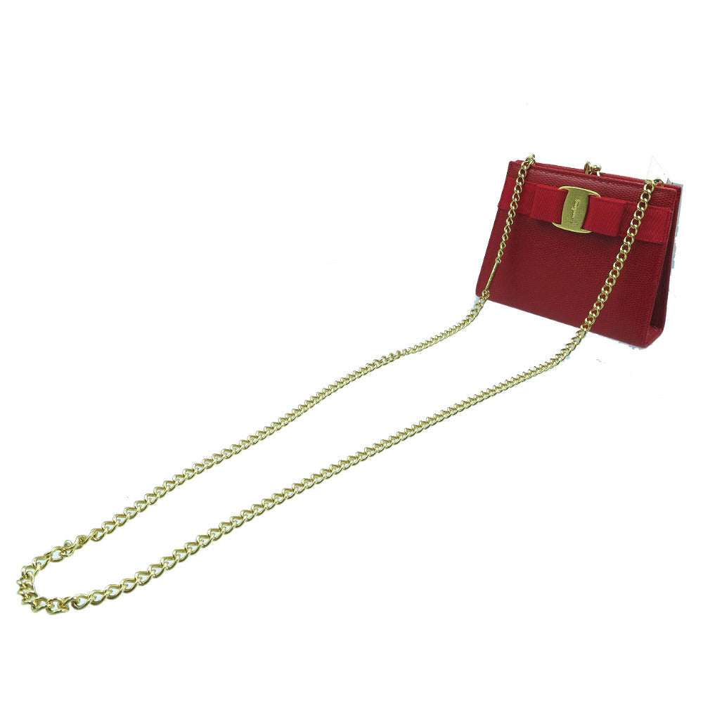 Salvatore Ferragamo Shoulder Bag 223354 Embossed Leather Red Vara Ribbon Women Secondhand