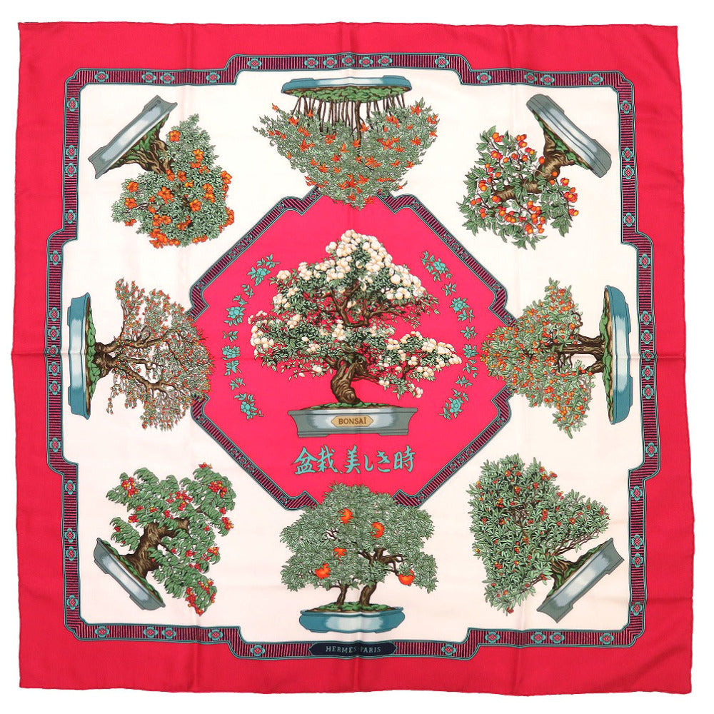 Hermes Scarf Silk Red Carre90 Bonsai Beautiful Town Women