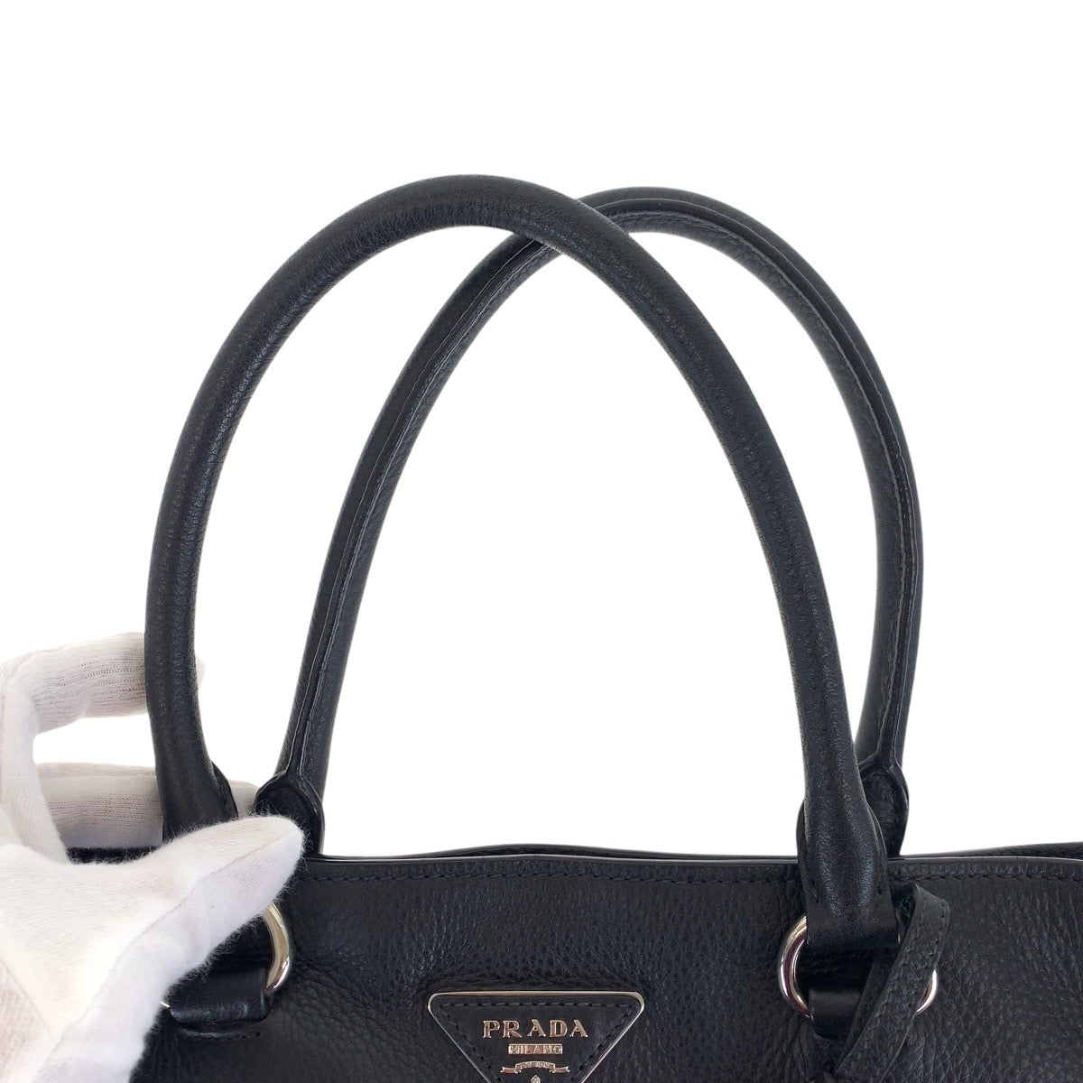 Prada Tote Bag Leather Black Silvermetal Tote Bag Shoulder Bag 2Way Vittero Dyno Triangle With Logo