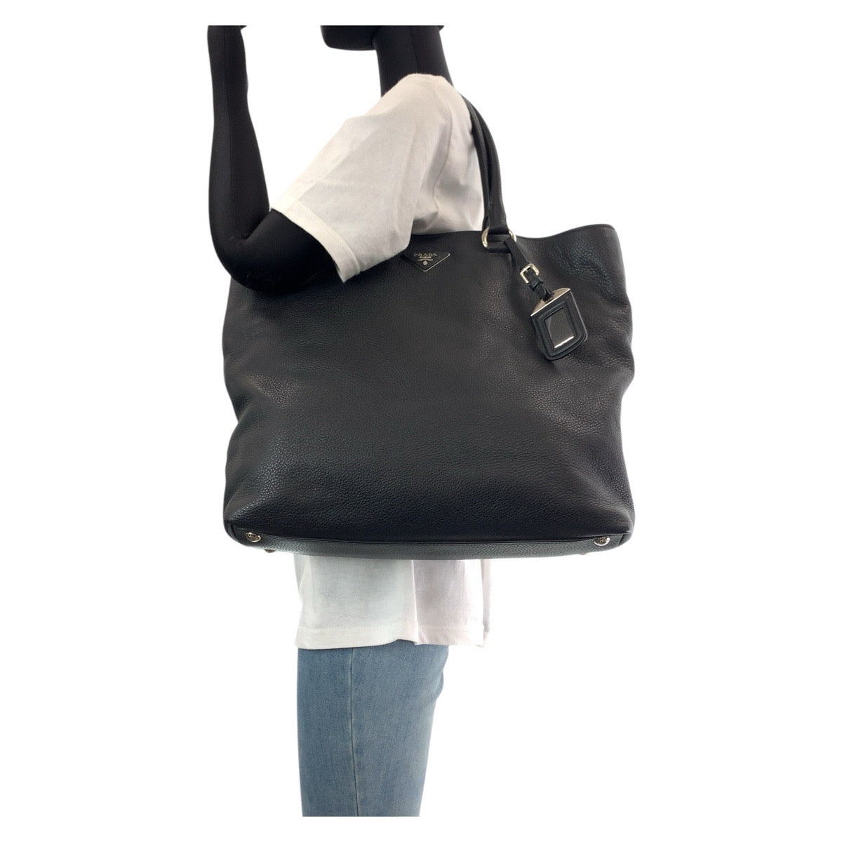 Prada Tote Bag Leather Black Silvermetal Tote Bag Shoulder Bag 2Way Vittero Dyno Triangle With Logo