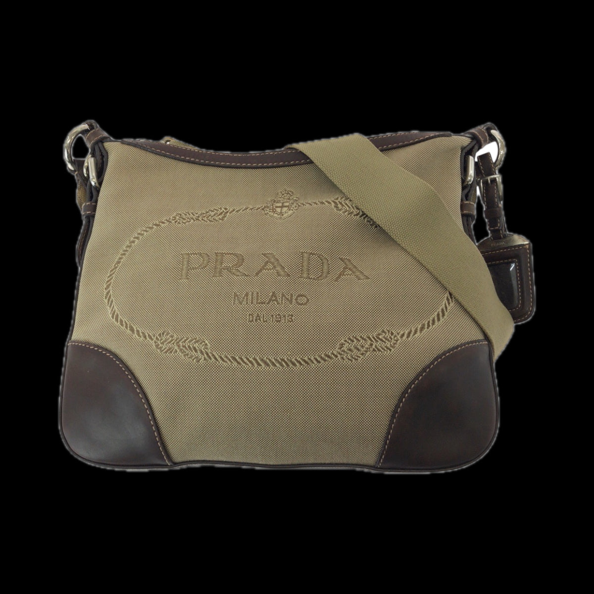 Prada Shoulder Bag Canvas Brown Silver Metal Shoulder Bag Pochette Logo Jacquard Women