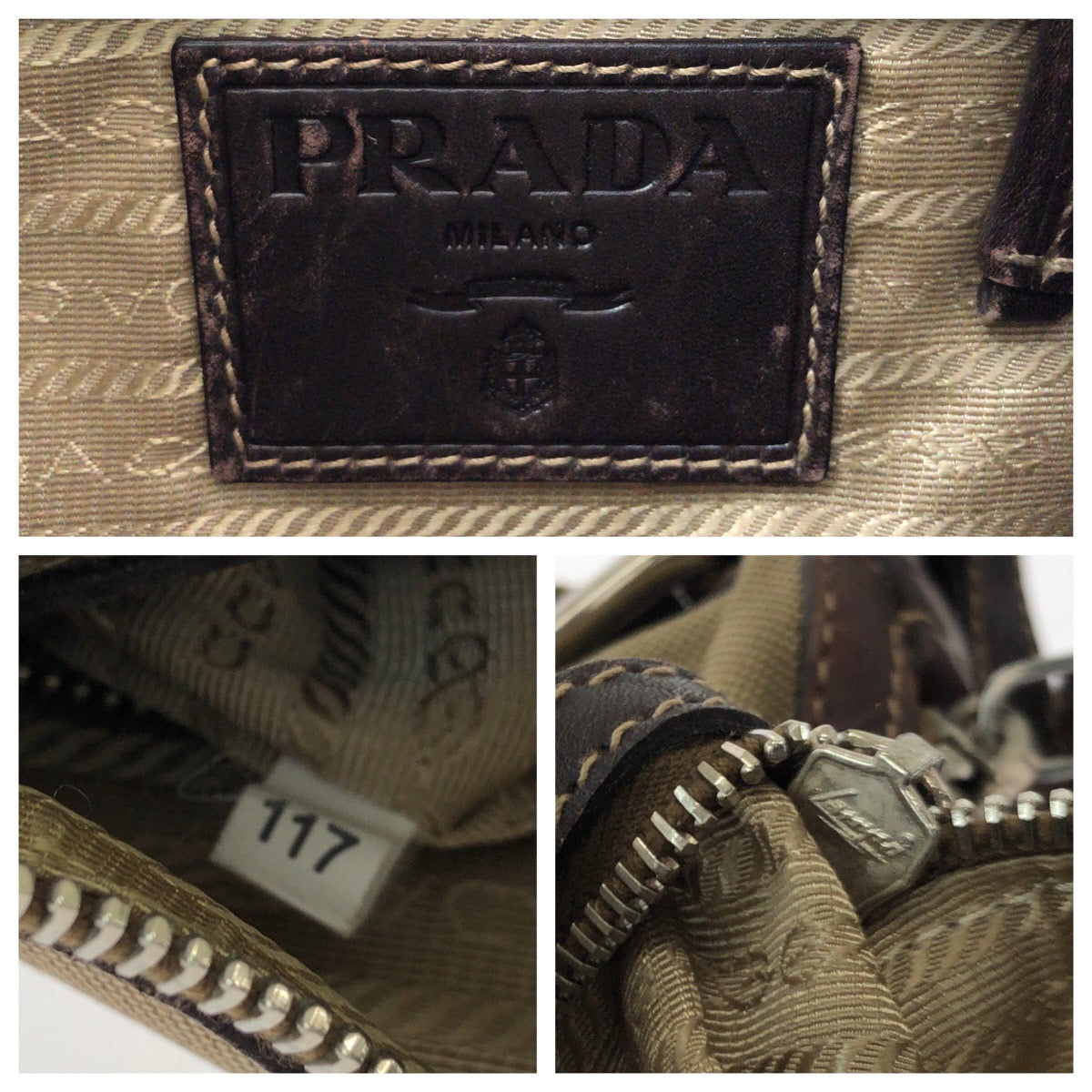 Prada Shoulder Bag Canvas Brown Silver Metal Shoulder Bag Pochette Logo Jacquard Women