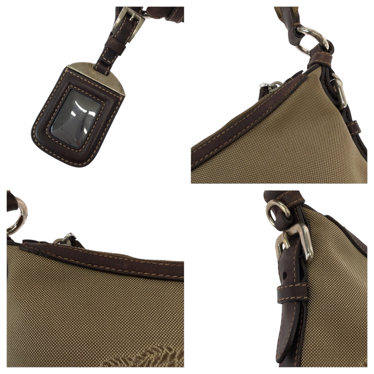 Prada Shoulder Bag Canvas Brown Silver Metal Shoulder Bag Pochette Logo Jacquard Women