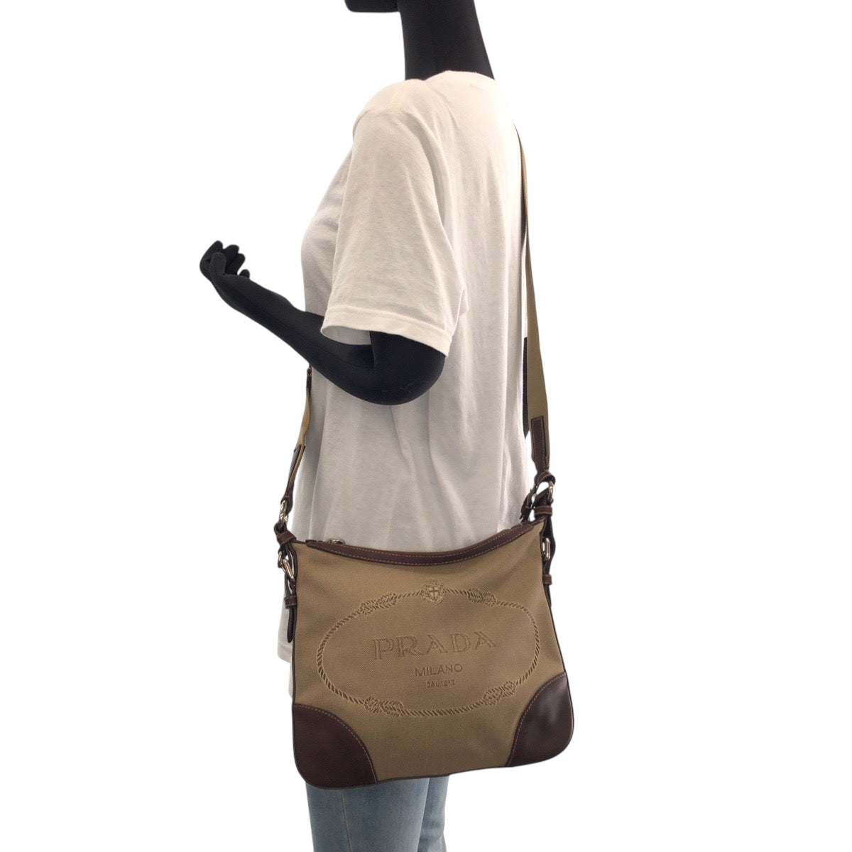 Prada Shoulder Bag Canvas Brown Silver Metal Shoulder Bag Pochette Logo Jacquard Women