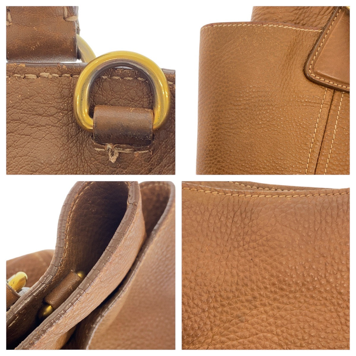 Prada Tote Bag Leather Brown Gold Metal