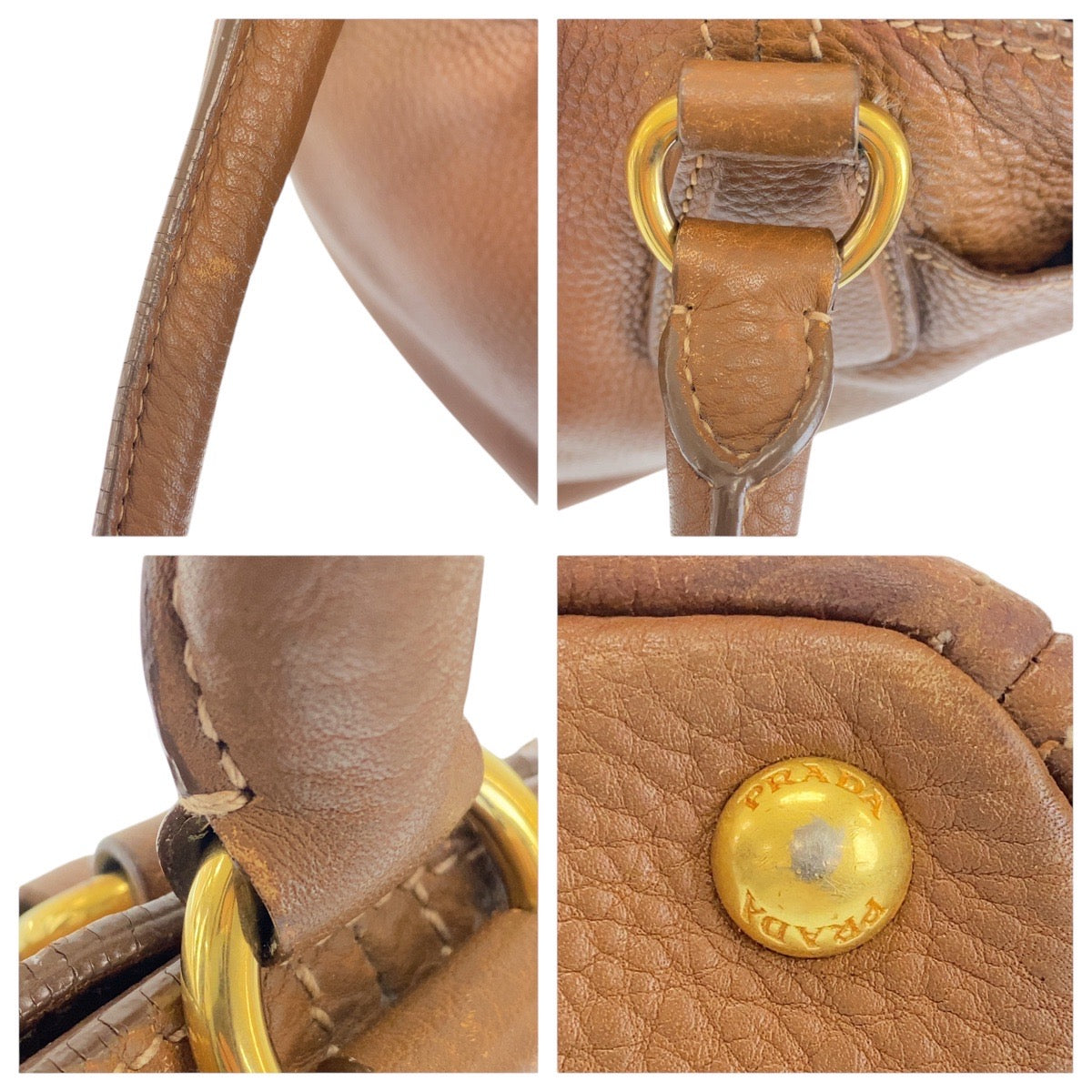 Prada Tote Bag Leather Brown Gold Metal