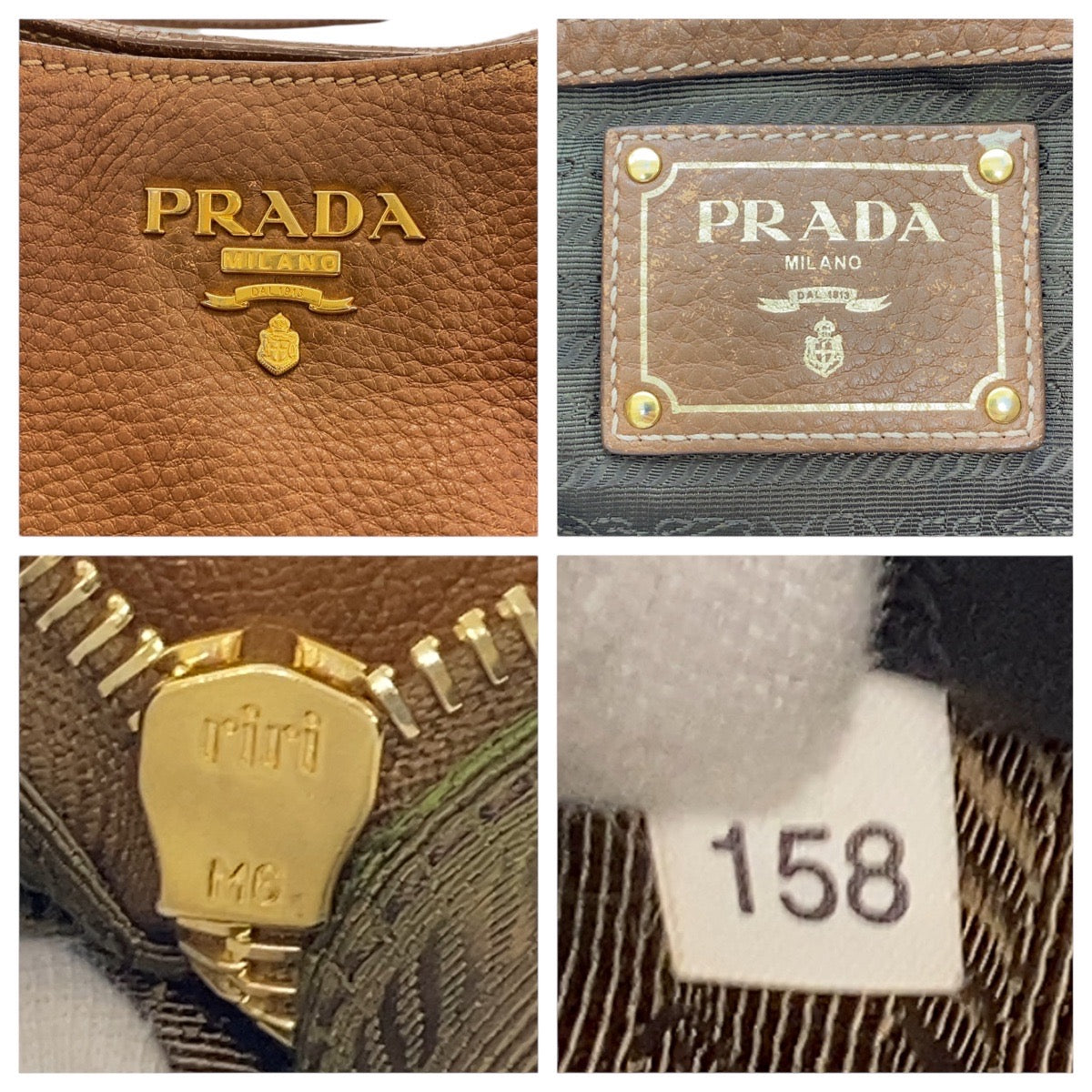 Prada Tote Bag Leather Brown Gold Metal