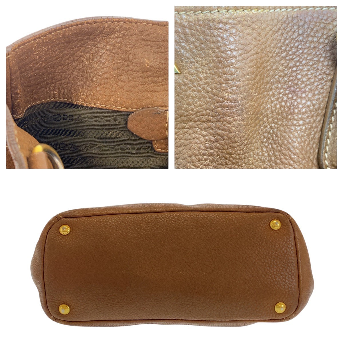 Prada Tote Bag Leather Brown Gold Metal
