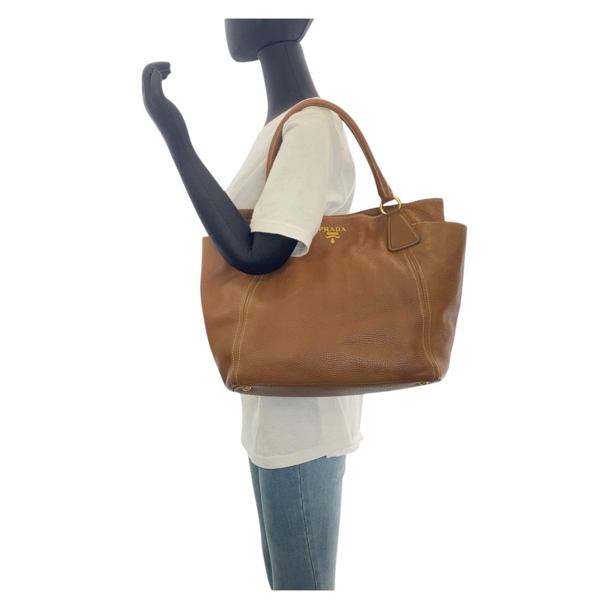 Prada Tote Bag Leather Brown Gold Metal