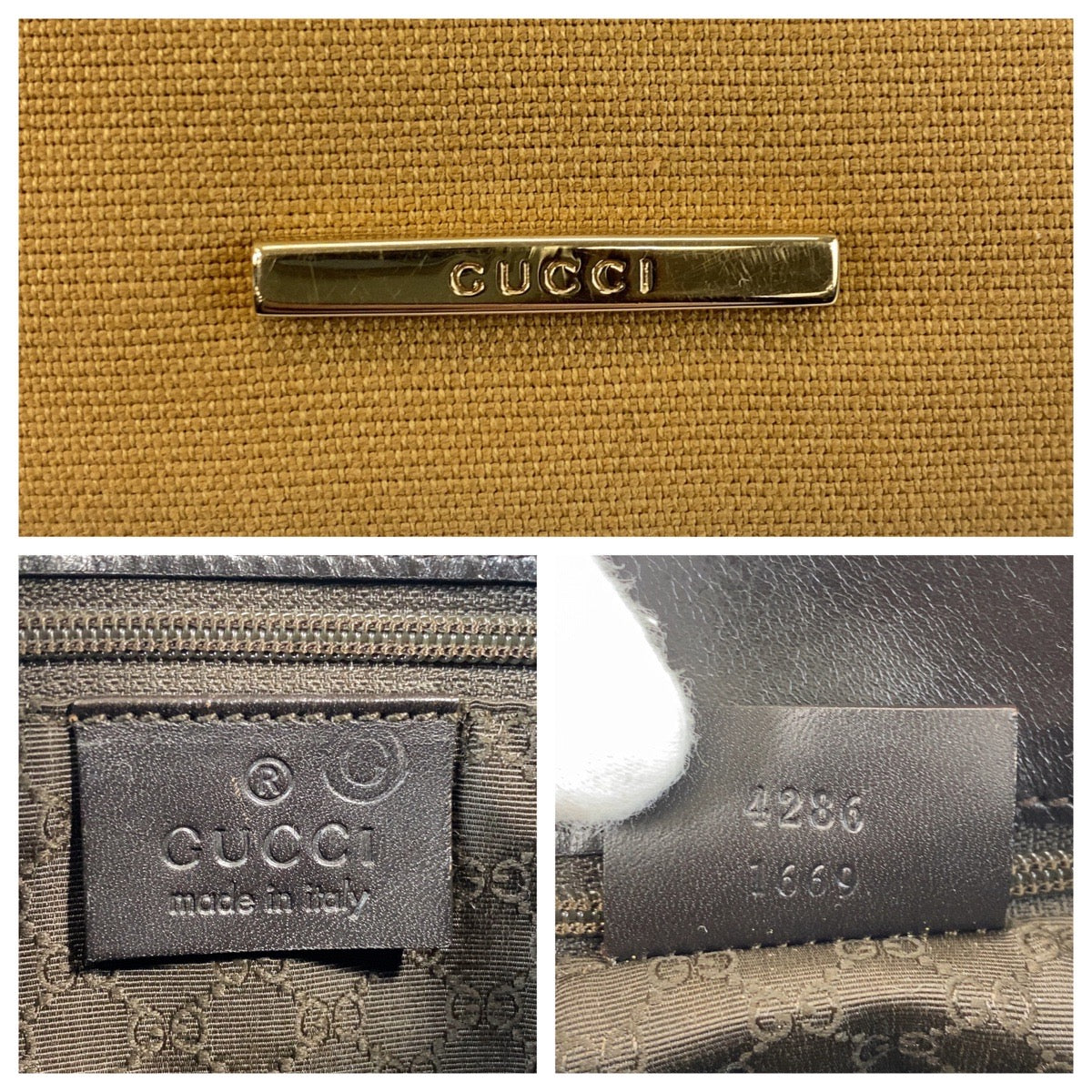 Gucci Shoulder Bag 4286 Canvas, Leather Camel Black Gold Metal Sherry Line Women