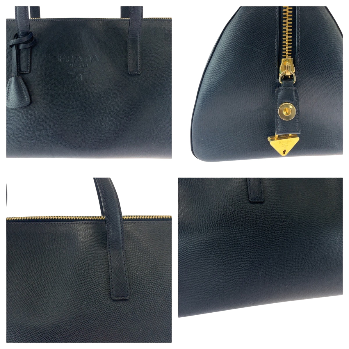 Prada Boston Duffel Bag Leather Navy Gold Metal Boston Duffel Bag Handbag Safiano Women(Unisex)