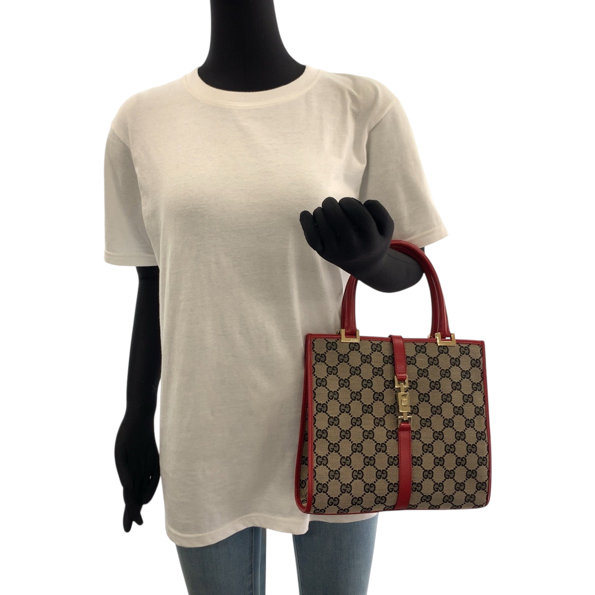 Gucci Handbag 002 1065 Gg Canvas Gray Red Gold Metal Handbag Tote Bag Jackie Women