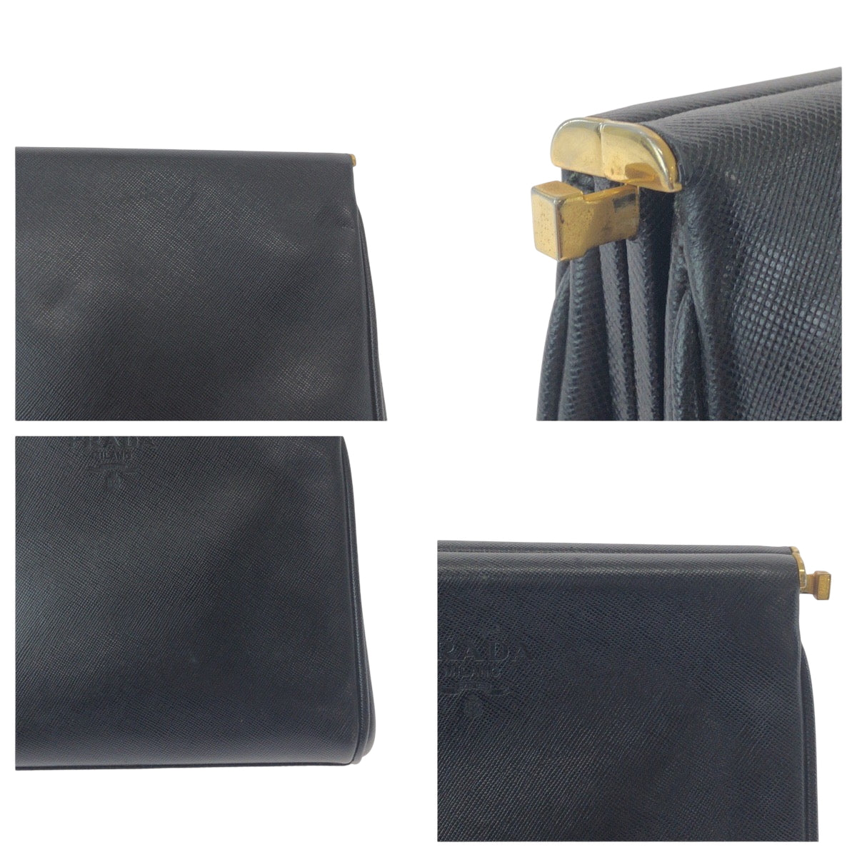 Prada Business Bag Leather Black Goldmetal Business Bag Clutch Bag Safiano Logo Women