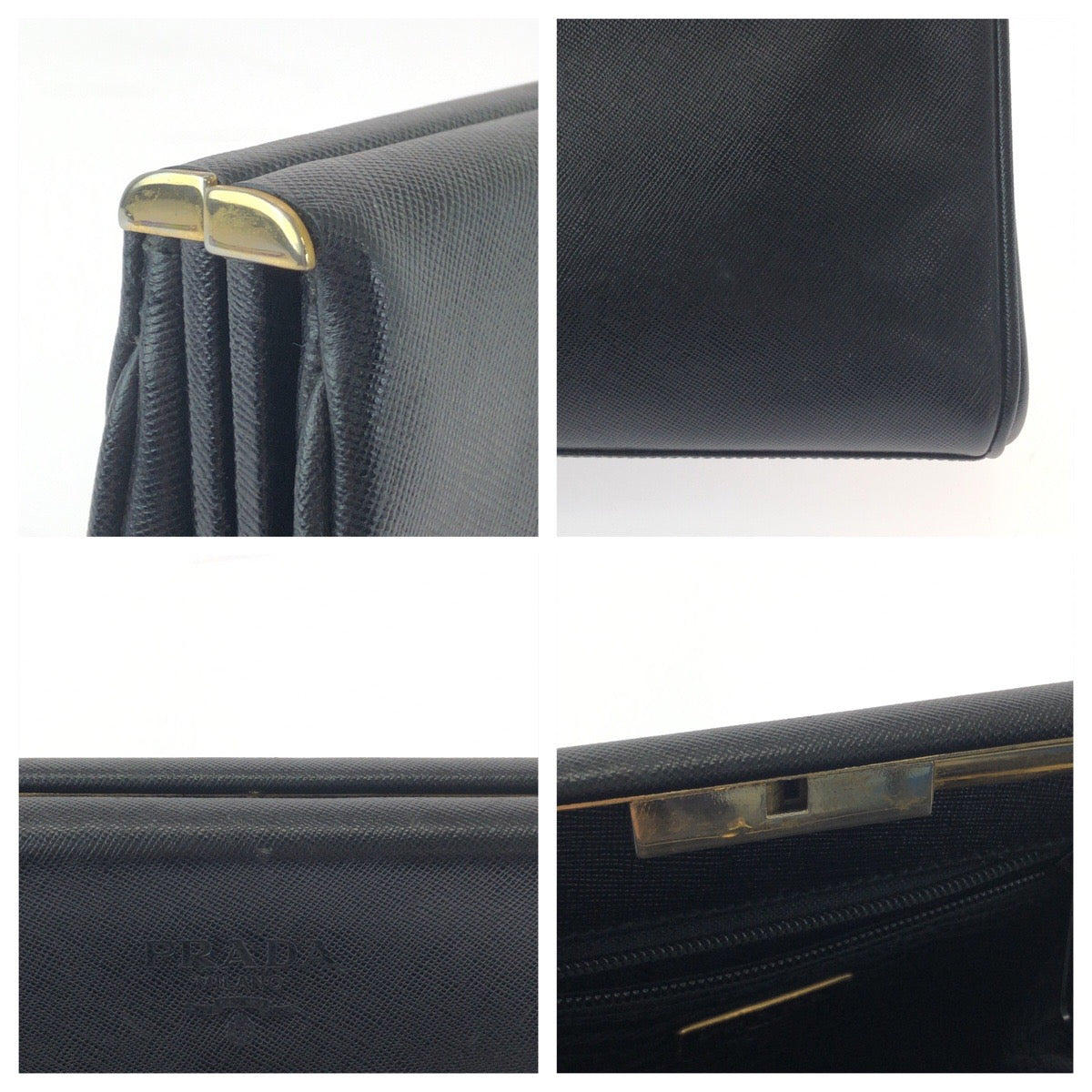 Prada Business Bag Leather Black Goldmetal Business Bag Clutch Bag Safiano Logo Women