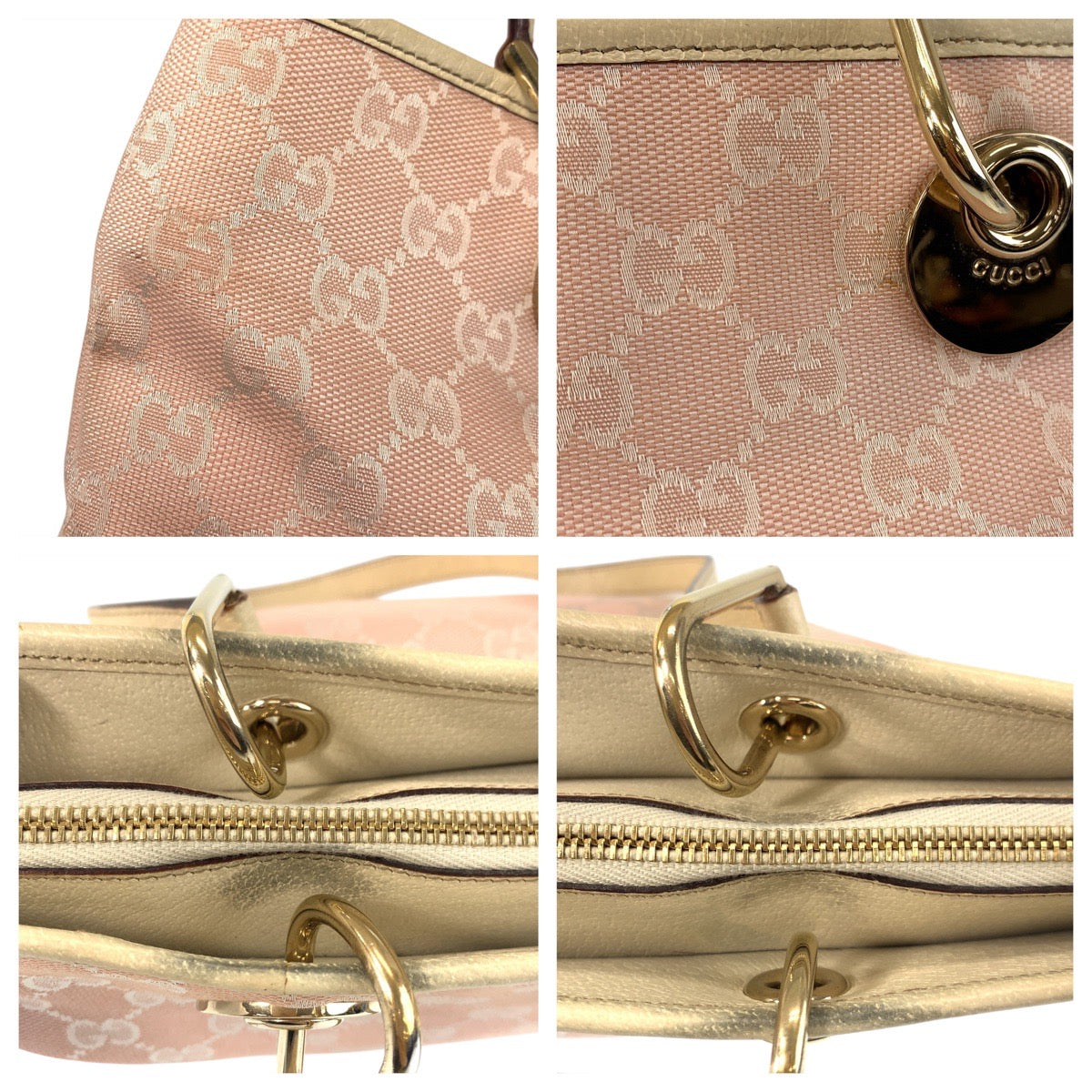 Gucci Tote Bag 139552 Gg Canvas, Leather Pink White Gold Metal Tote Bag Shoulder Bag Women