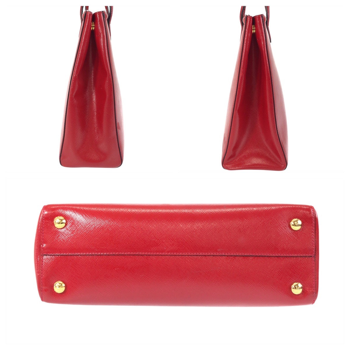 Prada Tote Bag Leather Red Gold Metal Tote Bag Shoulder Bag 2Way Safiano Women