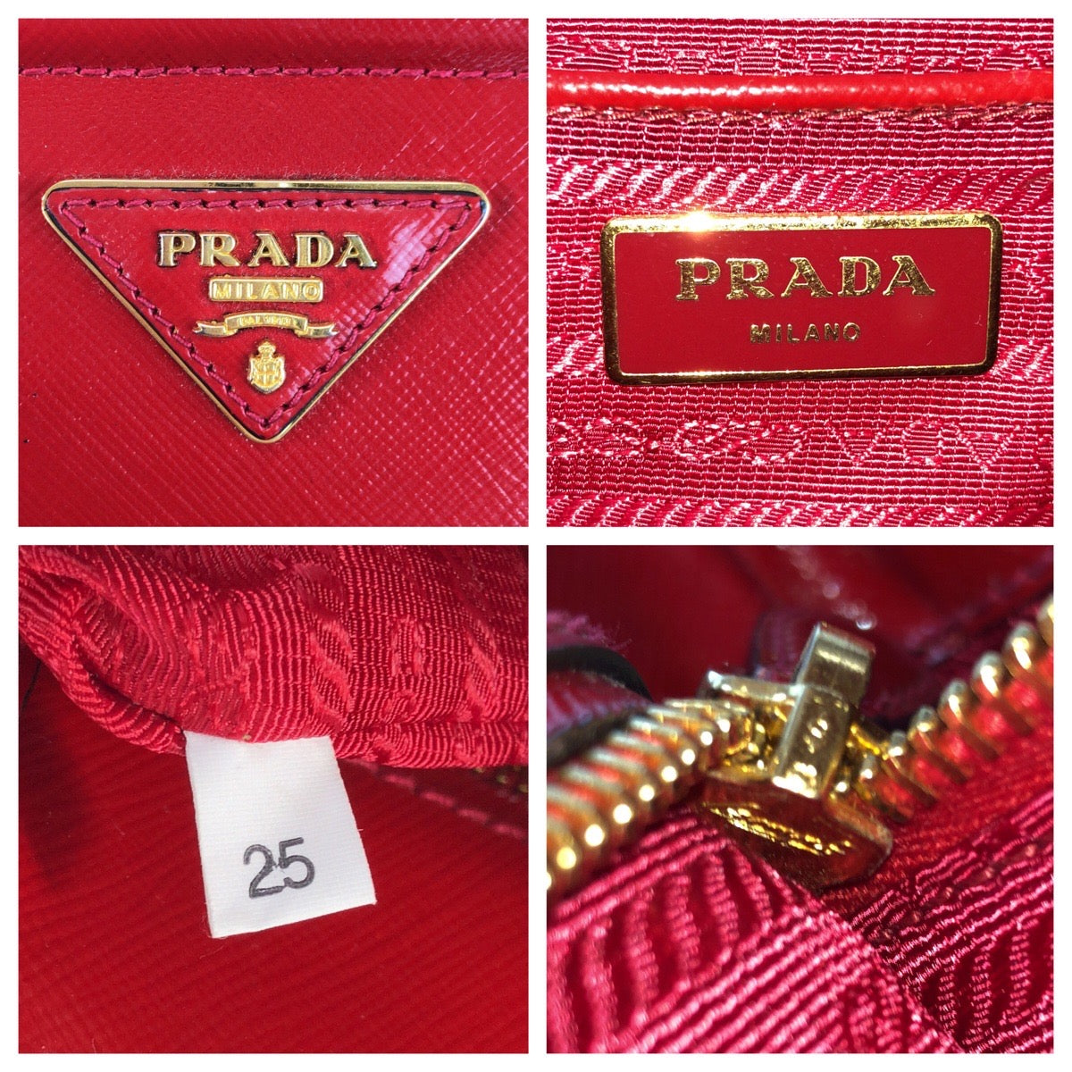 Prada Tote Bag Leather Red Gold Metal Tote Bag Shoulder Bag 2Way Safiano Women