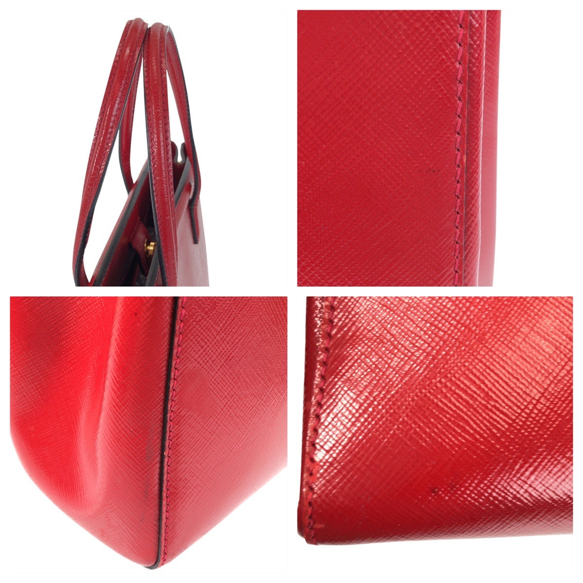Prada Tote Bag Leather Red Gold Metal Tote Bag Shoulder Bag 2Way Safiano Women