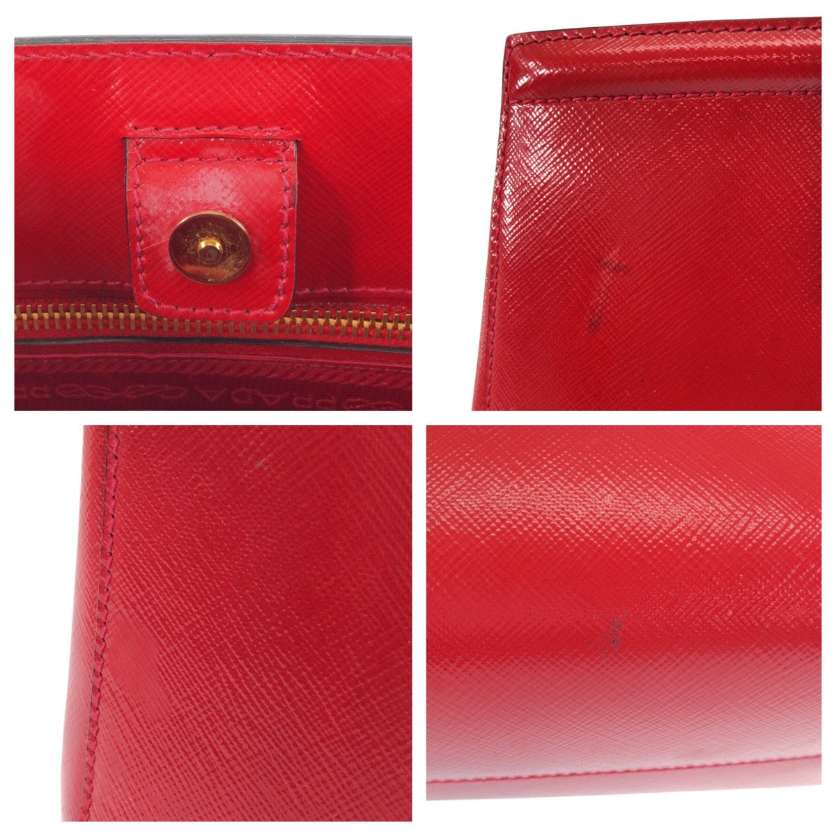 Prada Tote Bag Leather Red Gold Metal Tote Bag Shoulder Bag 2Way Safiano Women