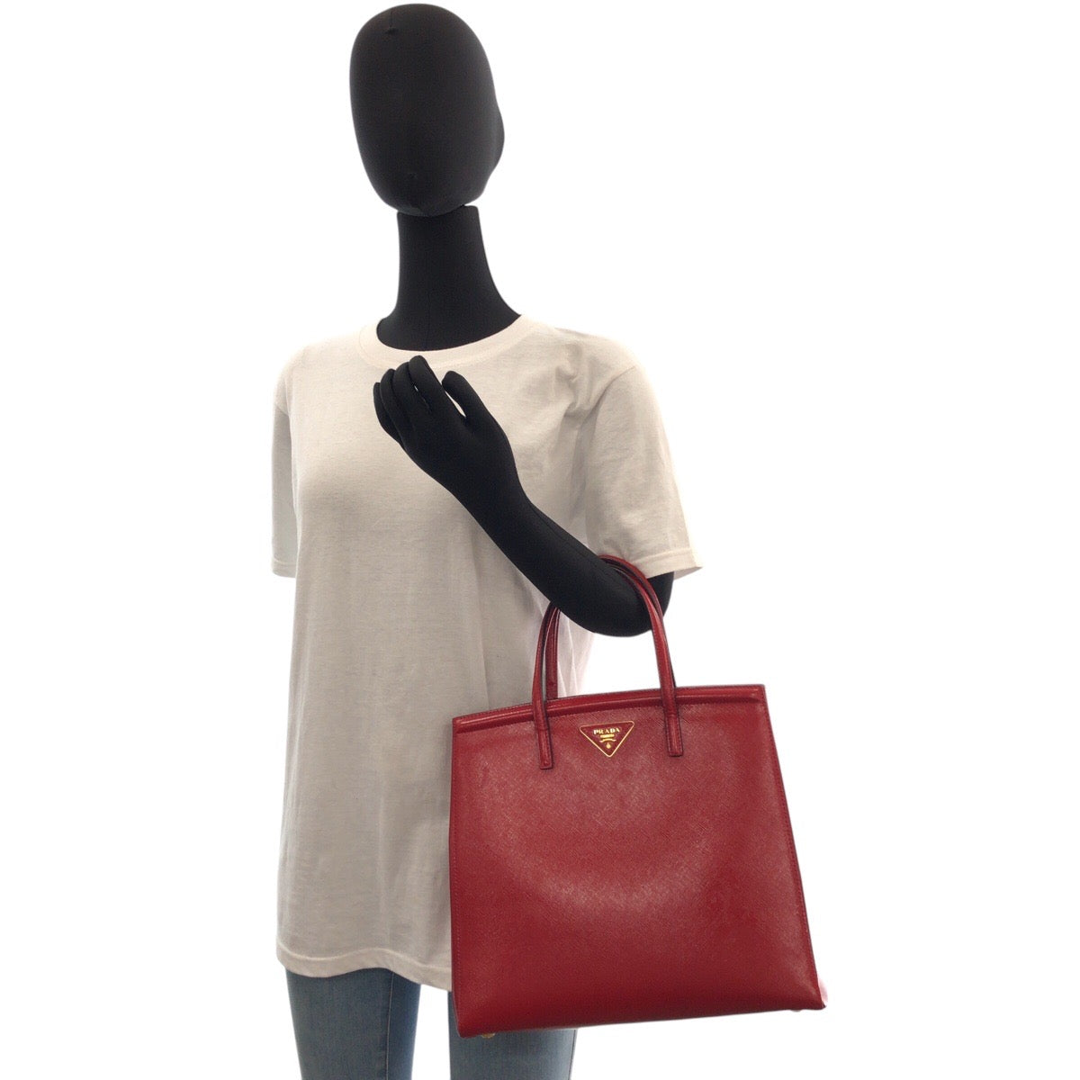 Prada Tote Bag Leather Red Gold Metal Tote Bag Shoulder Bag 2Way Safiano Women