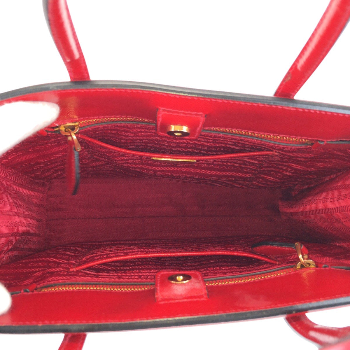 Prada Tote Bag Leather Red Gold Metal Tote Bag Shoulder Bag 2Way Safiano Women