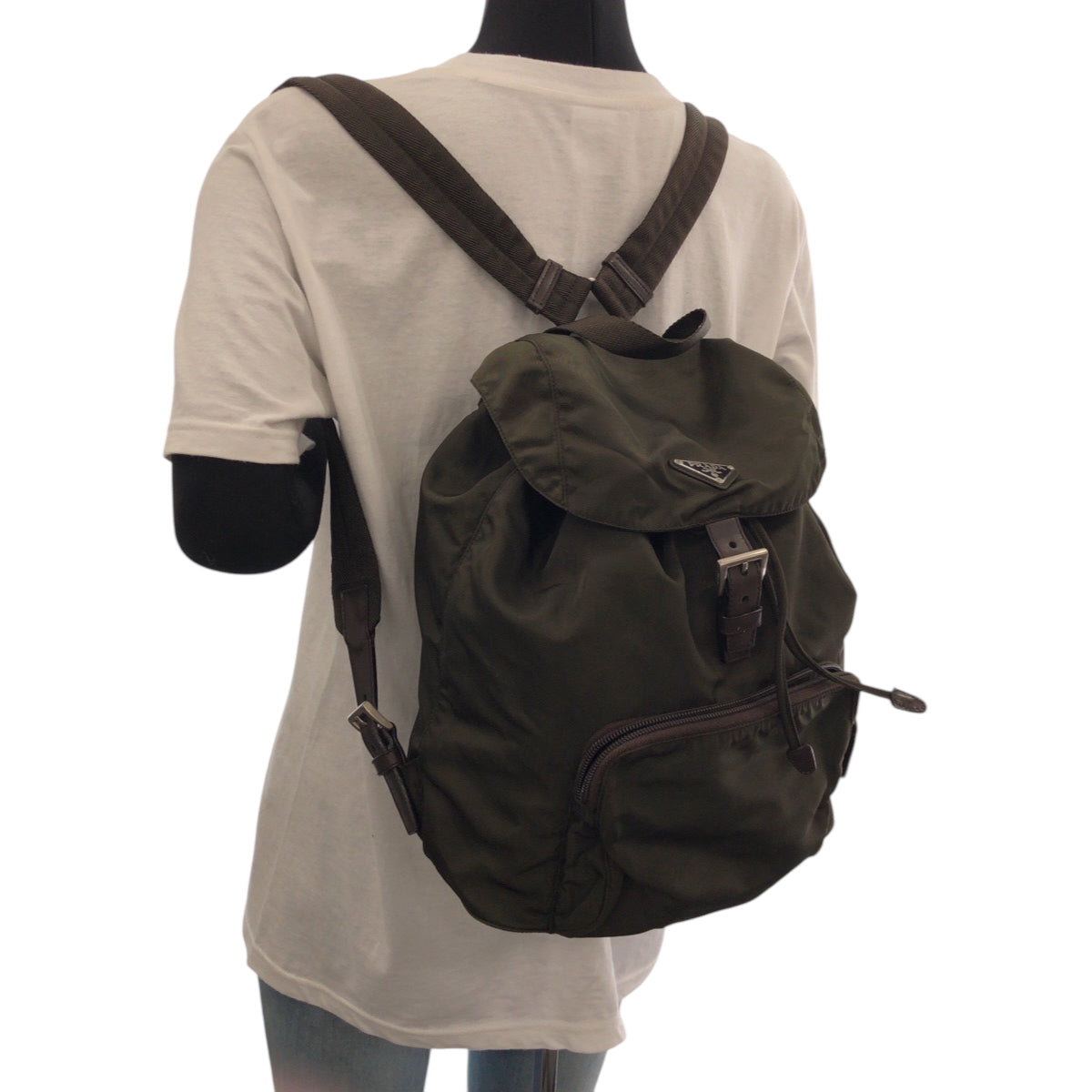 Prada Backpack Nylon Khaki Brown Silvermetal Backpack Backpack Test Triangle With Logo Women