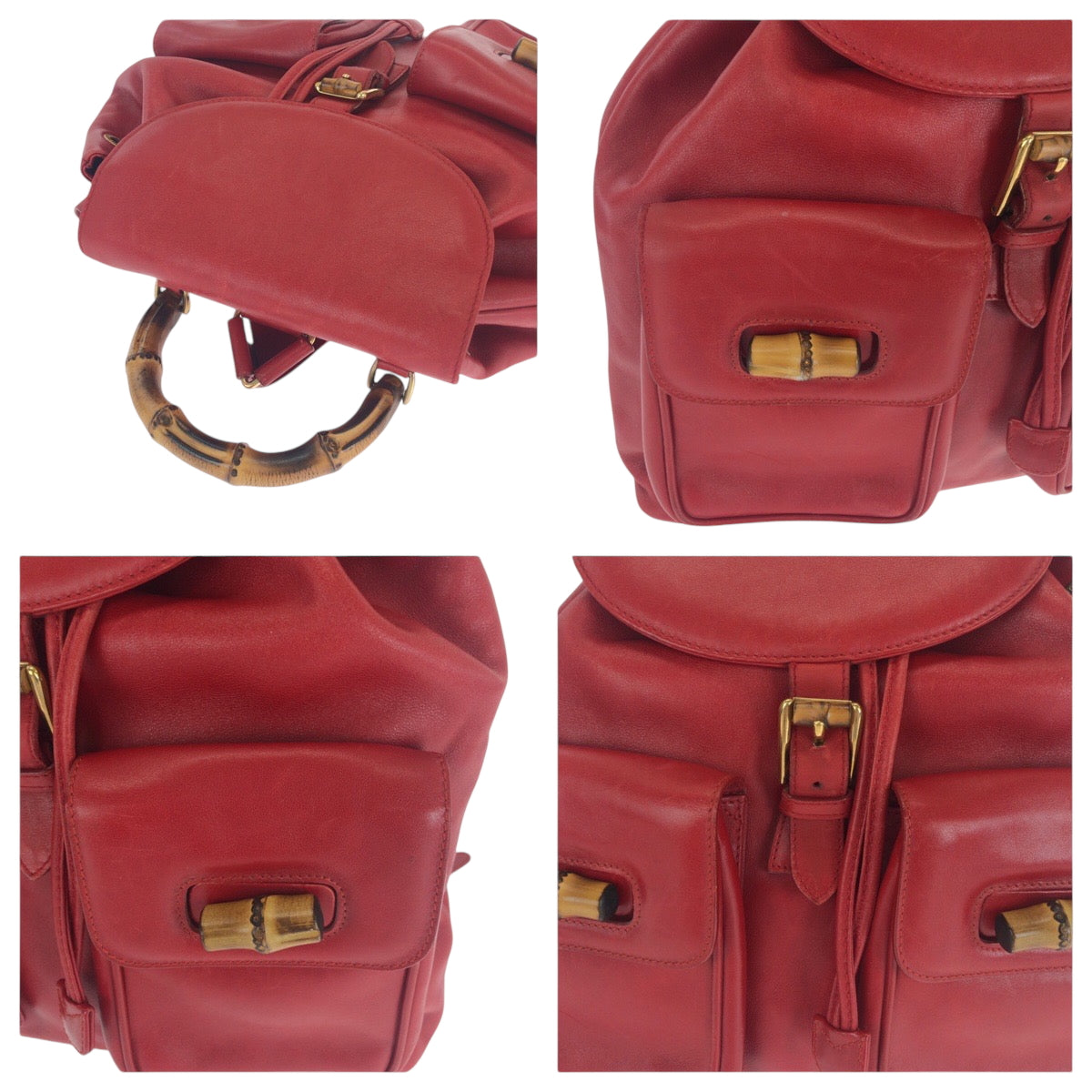 Gucci Backpack 003 2058 0016 Leather Red Brown Gold Metal Backpack Backpack Bamboo Women