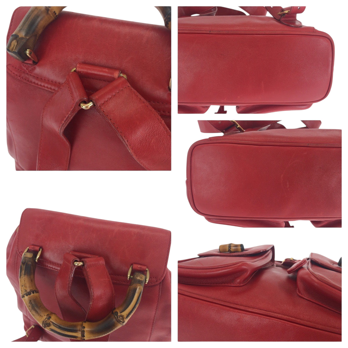 Gucci Backpack 003 2058 0016 Leather Red Brown Gold Metal Backpack Backpack Bamboo Women