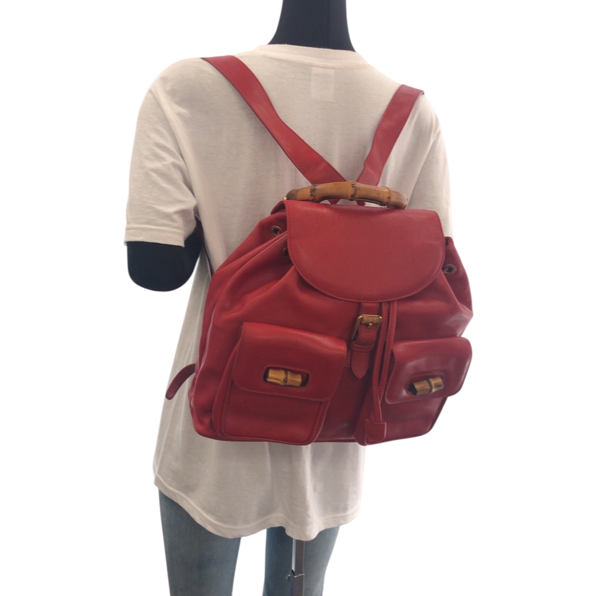 Gucci Backpack 003 2058 0016 Leather Red Brown Gold Metal Backpack Backpack Bamboo Women