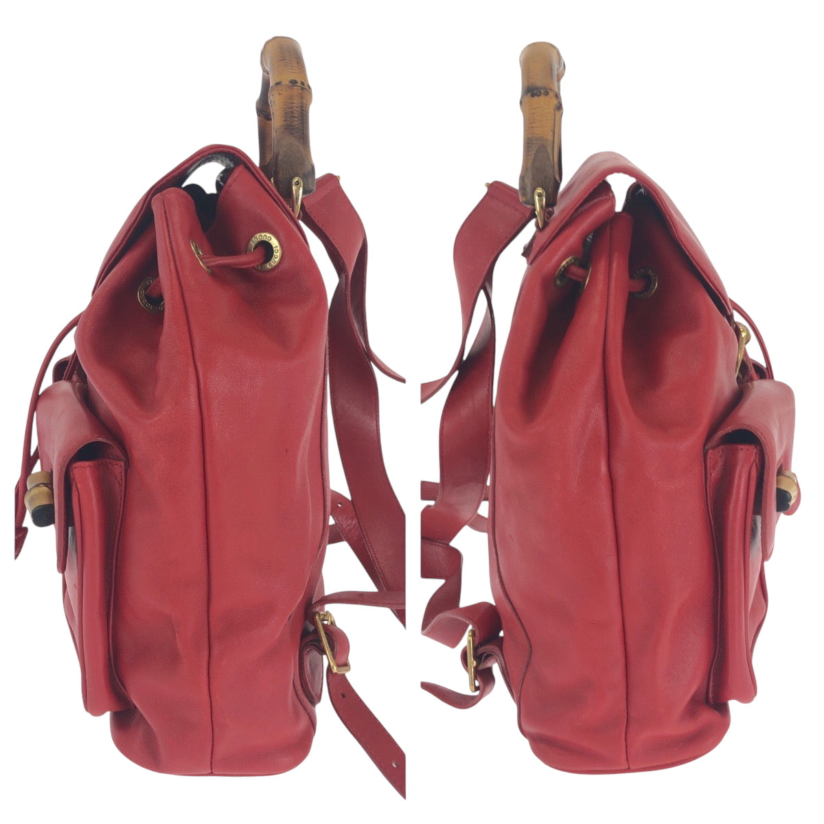 Gucci Backpack 003 2058 0016 Leather Red Brown Gold Metal Backpack Backpack Bamboo Women