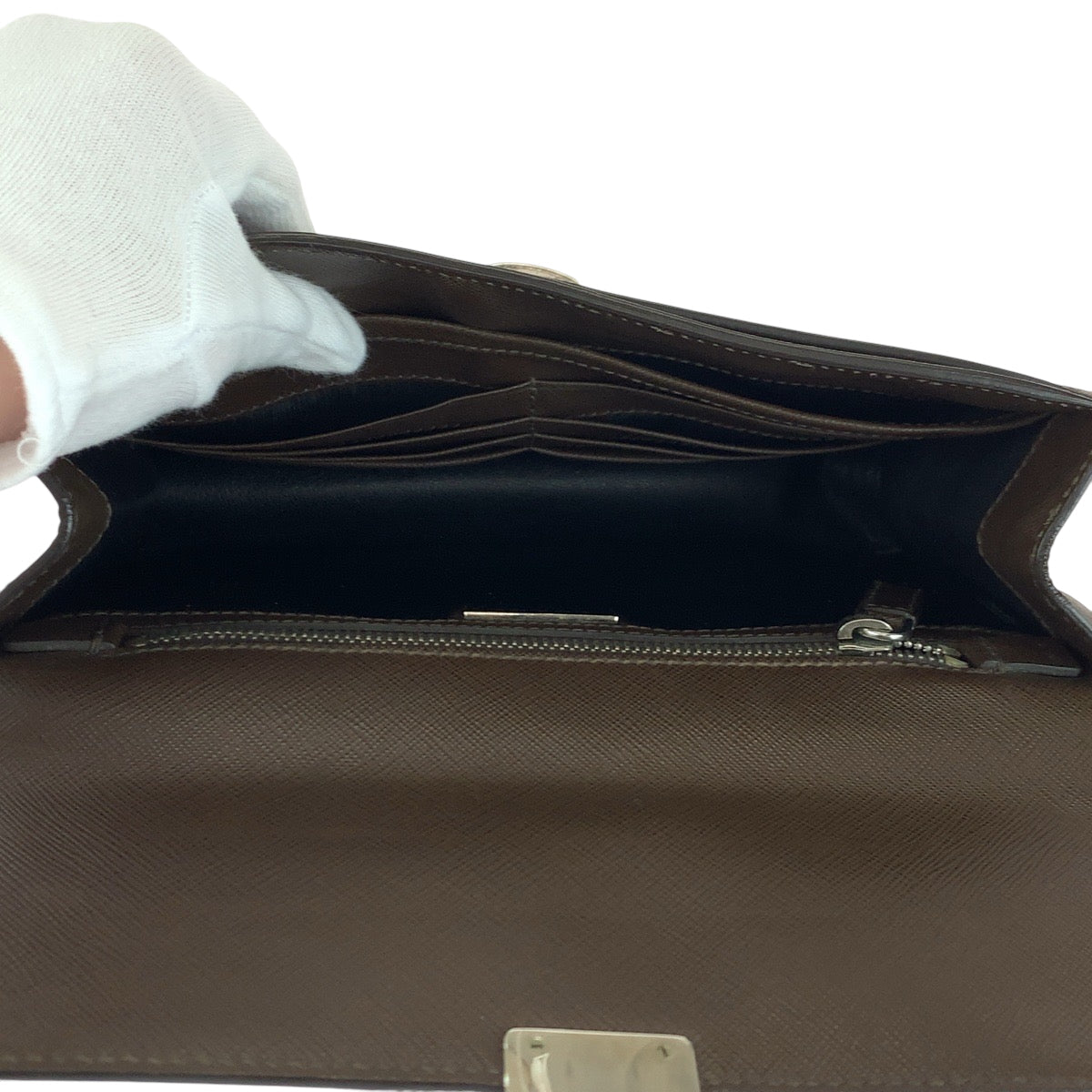 Prada Clutch Bag Leather Brown Silver Metal Clutch Bag Business Bag Safiano Triangle With Logo Mens