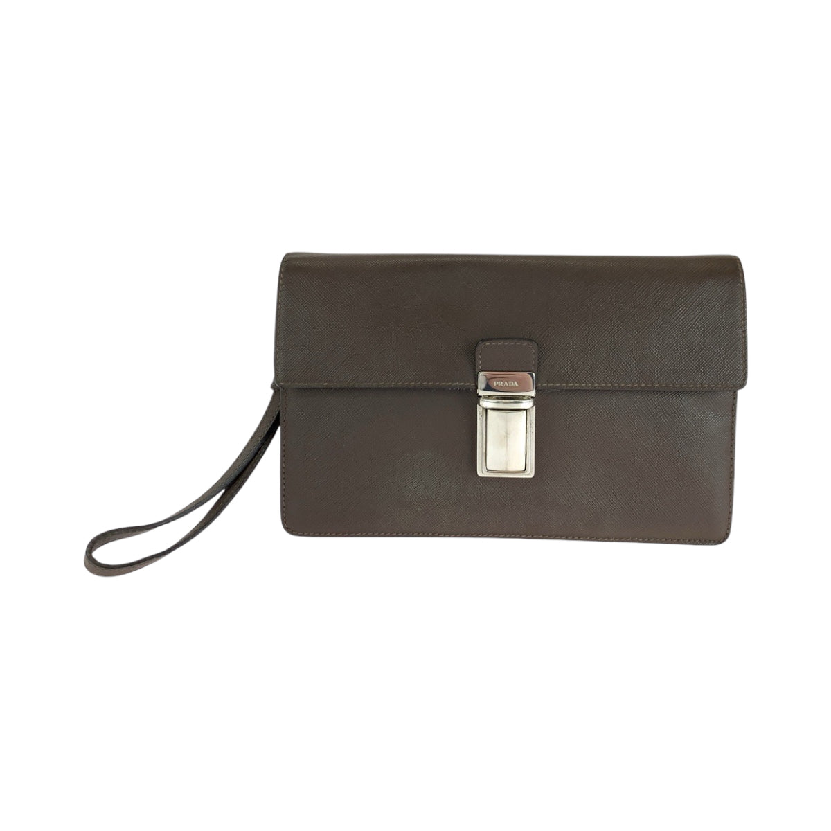 Prada Clutch Bag Leather Brown Silver Metal Clutch Bag Business Bag Safiano Triangle With Logo Mens