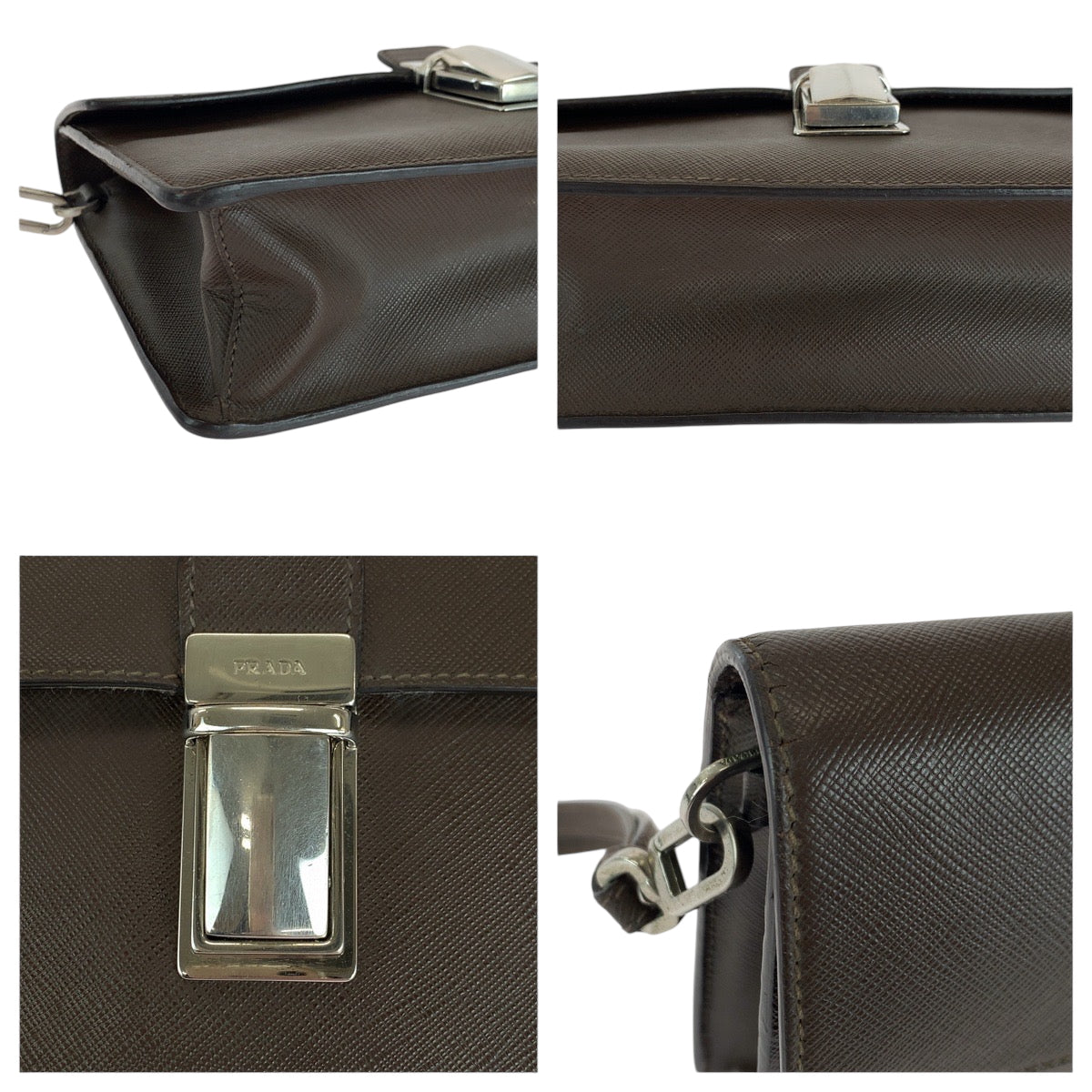 Prada Clutch Bag Leather Brown Silver Metal Clutch Bag Business Bag Safiano Triangle With Logo Mens