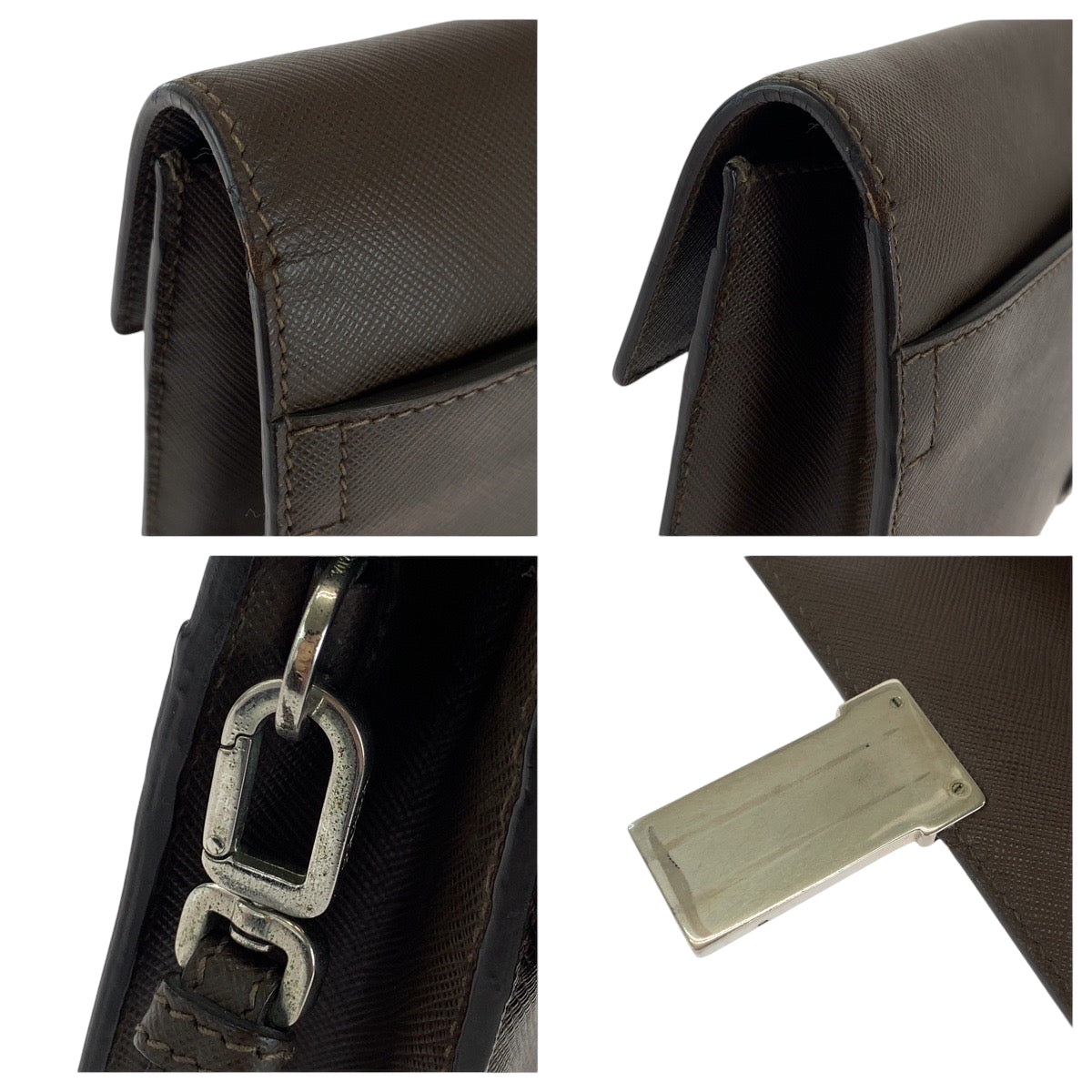 Prada Clutch Bag Leather Brown Silver Metal Clutch Bag Business Bag Safiano Triangle With Logo Mens