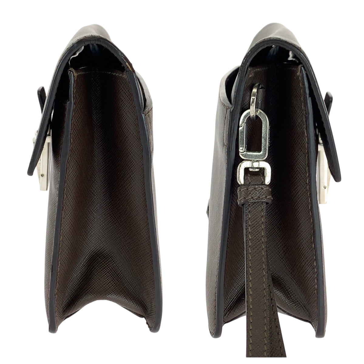 Prada Clutch Bag Leather Brown Silver Metal Clutch Bag Business Bag Safiano Triangle With Logo Mens