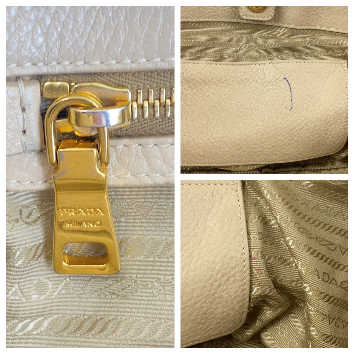 Prada Tote Bag Leather Beige Gold Metal Tote Bag Shoulder Bag 2Way Vitterodino Women