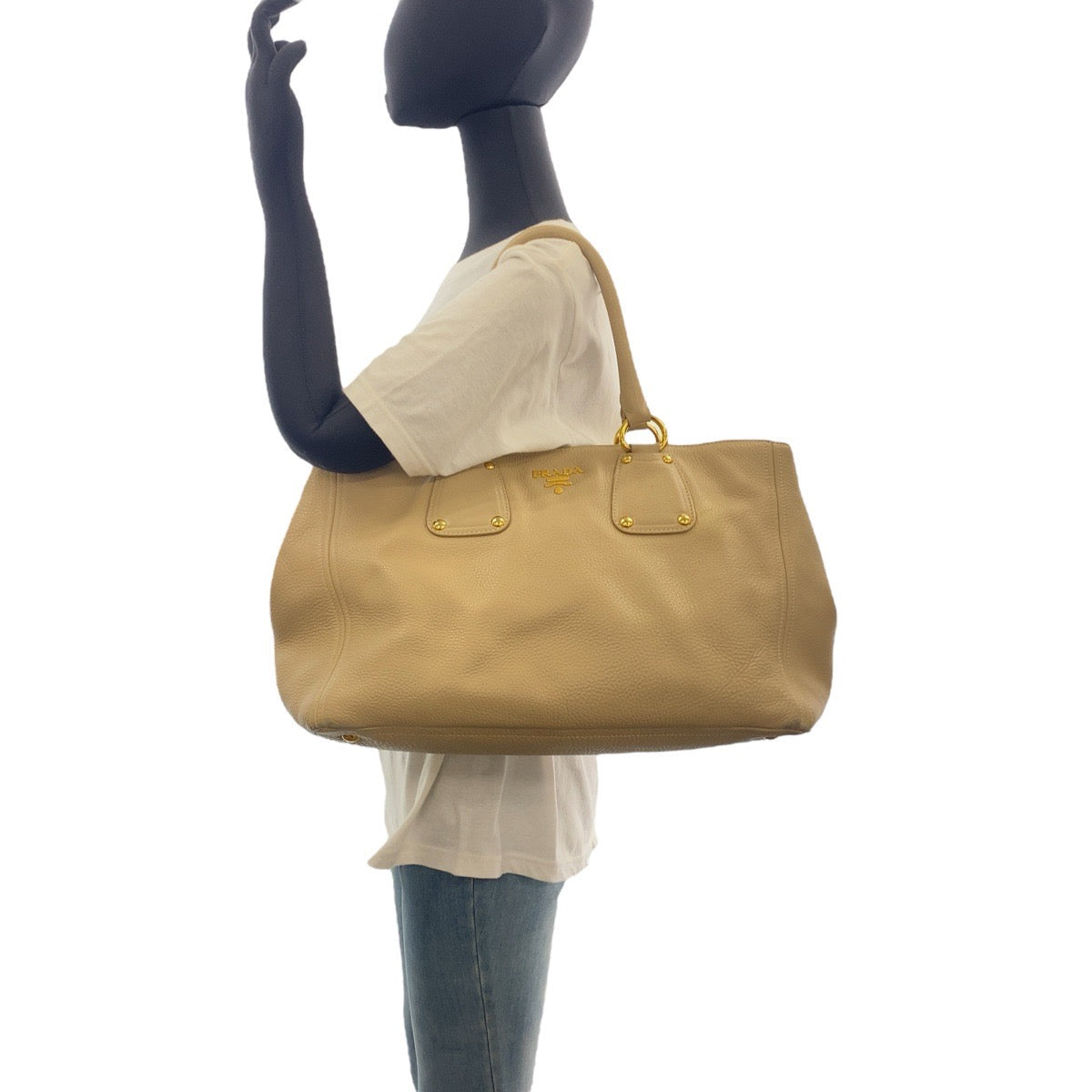 Prada Tote Bag Leather Beige Gold Metal Tote Bag Shoulder Bag 2Way Vitterodino Women