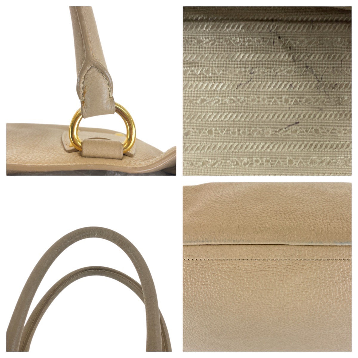 Prada Tote Bag Leather Beige Gold Metal Tote Bag Shoulder Bag 2Way Vitterodino Women