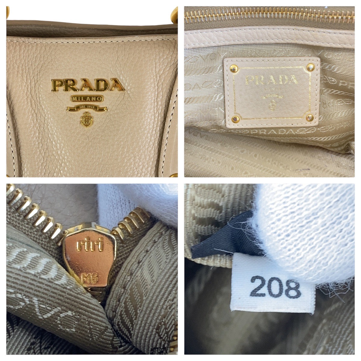 Prada Tote Bag Leather Beige Gold Metal Tote Bag Shoulder Bag 2Way Vitterodino Women
