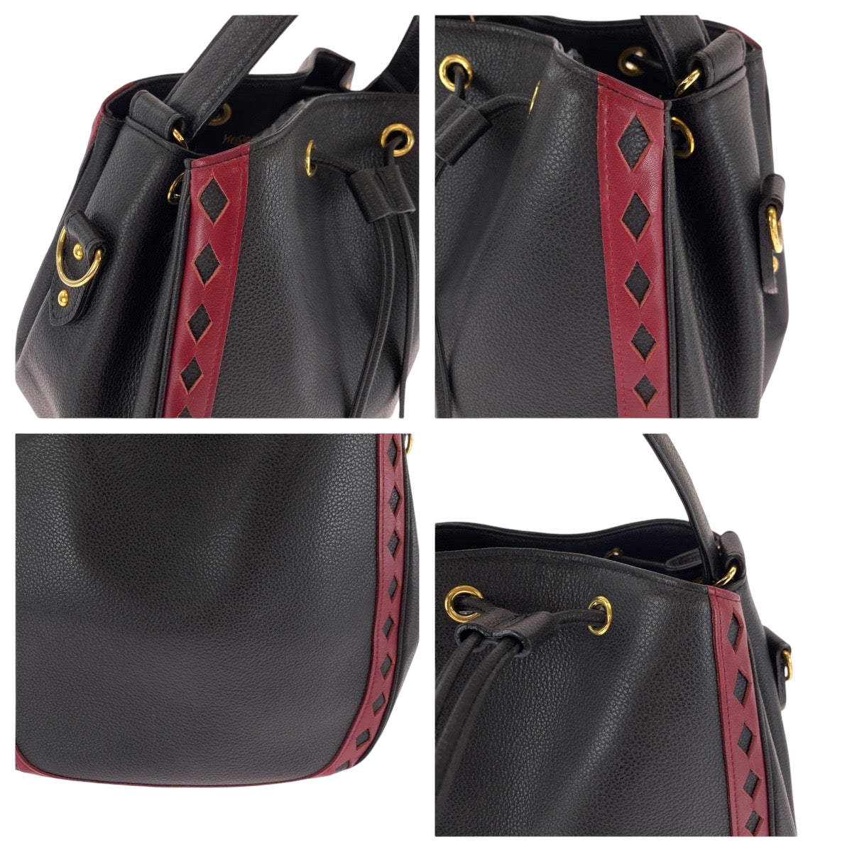 Yves Saint Laurent Shoulder Bag Leather Black Red Goldmetal Shoulder Bag Handbag Diamond Cut Women