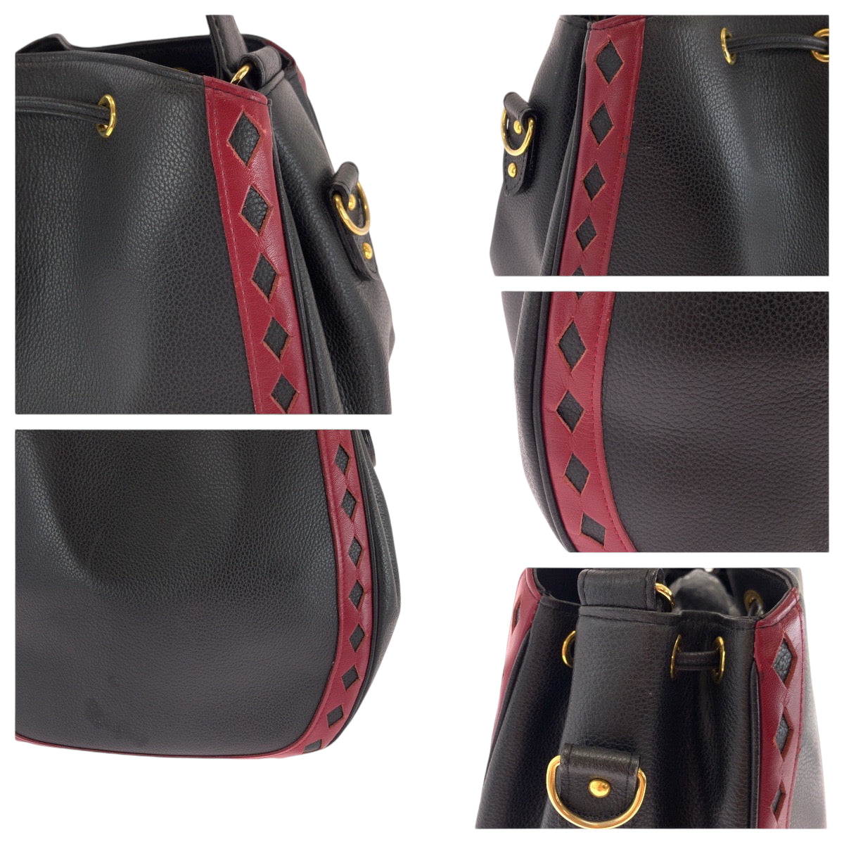 Yves Saint Laurent Shoulder Bag Leather Black Red Goldmetal Shoulder Bag Handbag Diamond Cut Women