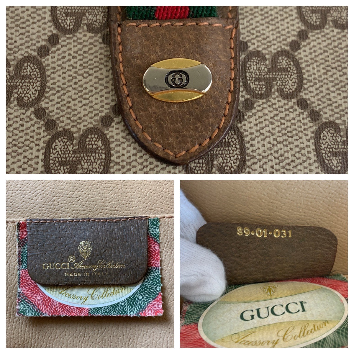 Gucci Clutch Bag 89 01 031 Gg Supreme Canvas, Leather Beige Brown Gold Metal Clutch Bag Sherry Line