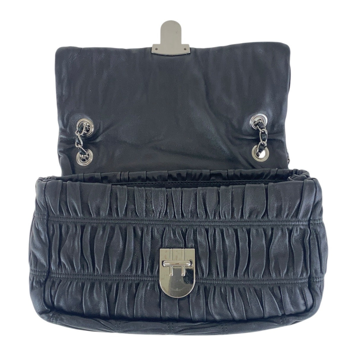 Prada Shoulder Bag Leather Black Silvermetal Crossbody Chain Shoulder Bag Gathered Women