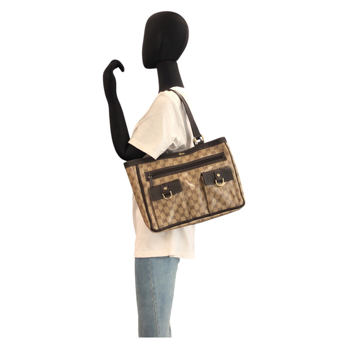 Gucci Tote Bag 268639 Coated Canvas, Leather Beige Brown Gold Metal Tote Bag Shoulder Bag Gg