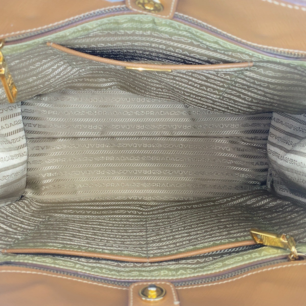Prada Tote Bag Leather Brown Yellow Gold Metal Tote Bag Shoulder Bag 2Way Safiano Triangle With