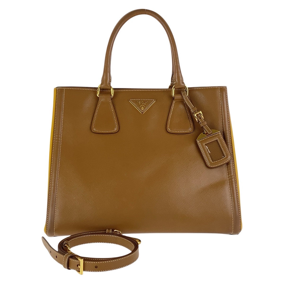 Prada Tote Bag Leather Brown Yellow Gold Metal Tote Bag Shoulder Bag 2Way Safiano Triangle With