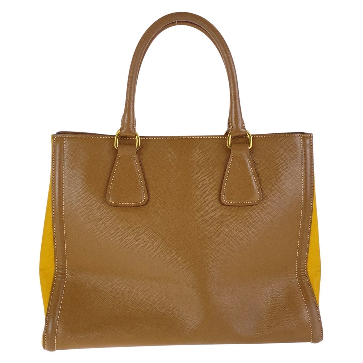 Prada Tote Bag Leather Brown Yellow Gold Metal Tote Bag Shoulder Bag 2Way Safiano Triangle With